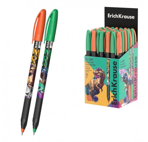 ErichKrause U-109 Stick and Grip Dino Art Boligrafo con Capuchon - Modelos Surtidos - Trazo 0.3mm - Zona de Agarre de Goma - Tinta de Baja Viscosidad - Tapa Ventilada - Color Azul (50 uds)