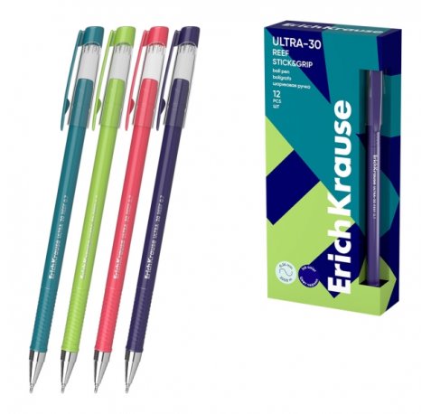 ErichKrause ULTRA-30 Stick and Grip Reef Boligrafo con Capuchon - Modelos Surtidos - Trazo 0.26mm - Zona de Agarre de Goma - Tinta de Baja Viscosidad - Tapa Ventilada - Color Azul (12 uds)