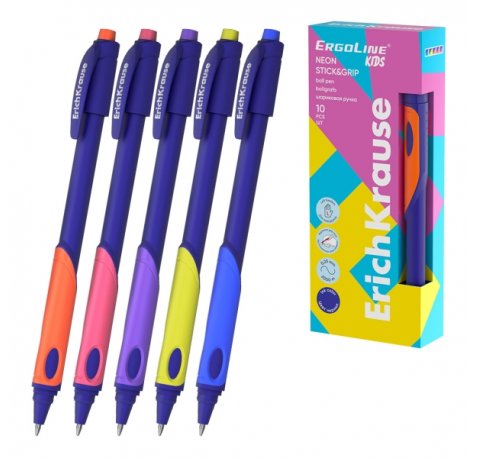 ErichKrause ErgoLine Kids Boligrafo Retractil - Ergonomico para Zurdos - Tinta Azul - Trazo 0.25mm - Colores Surtidos (10 uds)