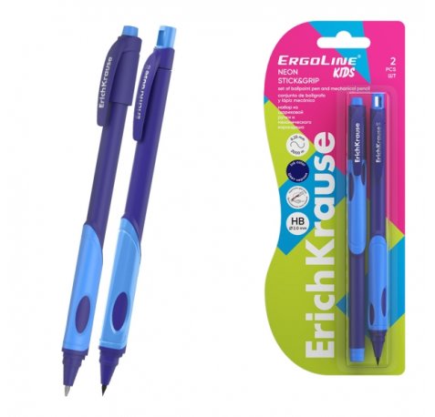 ErichKrause Pack de Boligrafo Retractil y Portaminas - Punta de 0.5mm - Mina de 2mm HB - Zona de Agarre Triangular - Capuchon Ventilado - Color Azul