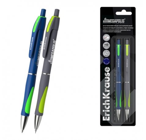 ErichKrause Megapolis Pack de Boligrafo Retractil y Portaminas - Punta de 0.7mm - Trazo 0.35mm - Mina HB 0.5mm - Color Azul