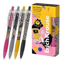 ErichKrause Butterfly Matic and Grip Positive Vibe Boligrafo Retractil - Modelos Surtidos - Trazo 0.28mm - Zona de Agarre de Goma - Color Azul (12 uds)