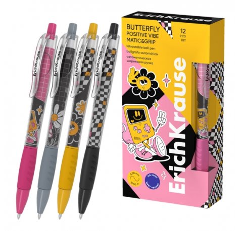 ErichKrause Butterfly Matic and Grip Positive Vibe Boligrafo Retractil - Modelos Surtidos - Trazo 0.28mm - Zona de Agarre de Goma - Color Azul (12 uds)