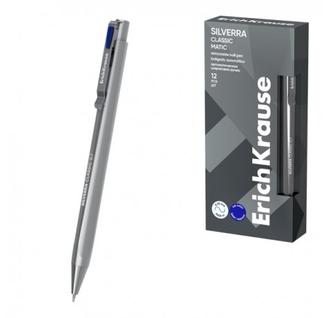 ErichKrause Silverra Matic Classic Boligrafo Retractil - Punta de 0.7mm - Cuerpo Gris - Trazo 0.35mm - Color Azul (12 uds)