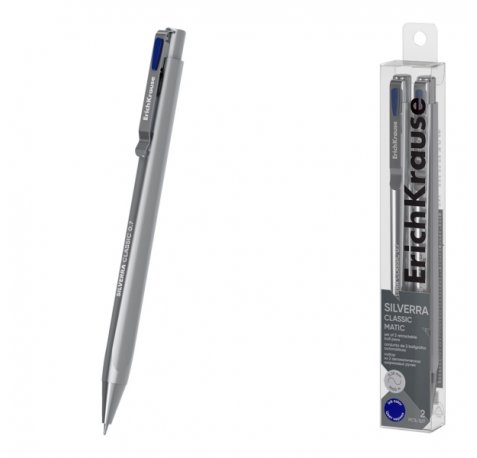 ErichKrause Silverra Matic Classic Pack de 2 Boligrafos Retractiles - Punta de 0.7mm - Cuerpo Gris - Trazo 0.35mm - Color Azul