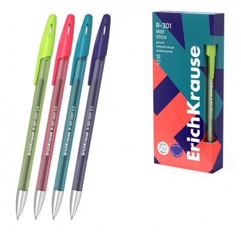 ErichKrause R-301 Gel Stick Reef Boligrafo con Capuchon - Modelos Surtidos - Trazo 0.4mm - Tinta de Gel - Resistente al Agua - Secado Rapido - Tapa Ventilada - Color Azul (12 uds)