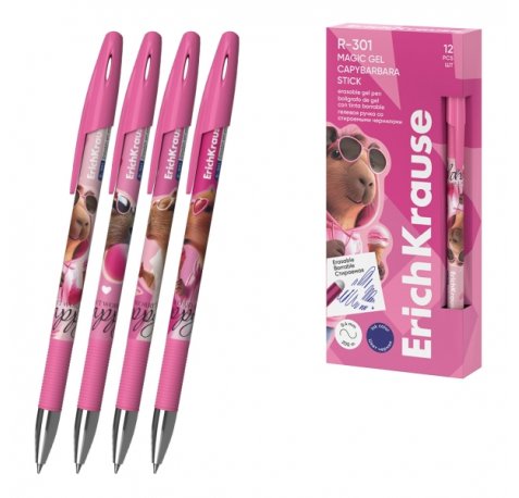 ErichKrause R-301 Magic Gel Stick CapyBarbara Boligrafo Borrable - Modelos Surtidos - Trazo 0.4mm - Tinta de Gel - Resistente al Agua - Secado Rapido - Color Azul (12 uds)