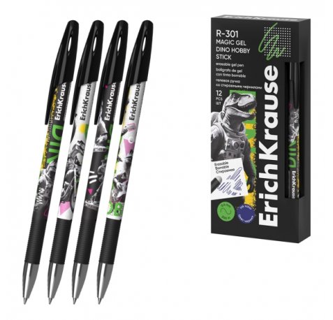 ErichKrause R-301 Magic Gel Stick Dino Hobby Boligrafo Borrable - Modelos Surtidos - Trazo 0.4mm - Tinta de Gel - Resistente al Agua - Secado Rapido - Color Azul (12 uds)