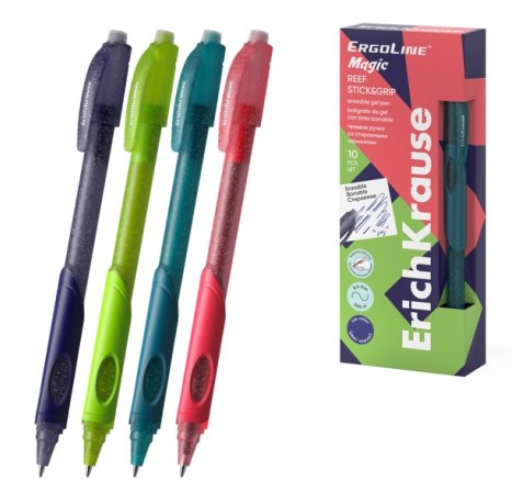 ErichKrause ErgoLine Magic Stick and Grip Reef Boligrafo Borrable - Modelos Surtidos - Trazo 0.4mm - Tinta de Gel - Resistente al Agua - Zona de Agarre de Goma - Color Azul (10 uds)