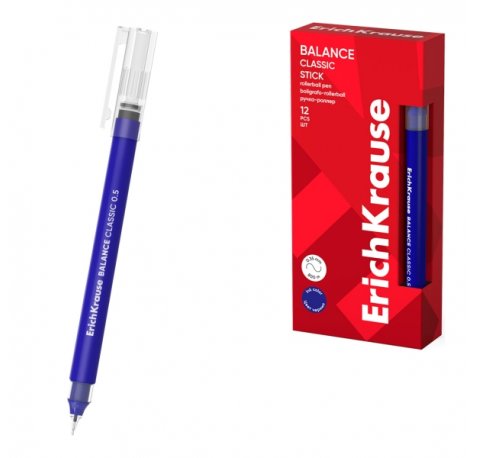 ErichKrause Balance Stick Classic Boligrafo con Capuchon - Punta de 0.5mm - Trazo 0.35mm - Tinta Libre con Regulador de Alimentacion - Color Azul (12 uds)