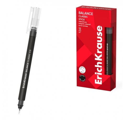 ErichKrause Balance Stick Classic Boligrafo con Capuchon - Punta de 0.5mm - Trazo 0.35mm - Tinta Libre con Regulador de Alimentacion - Color Negro (12 uds)