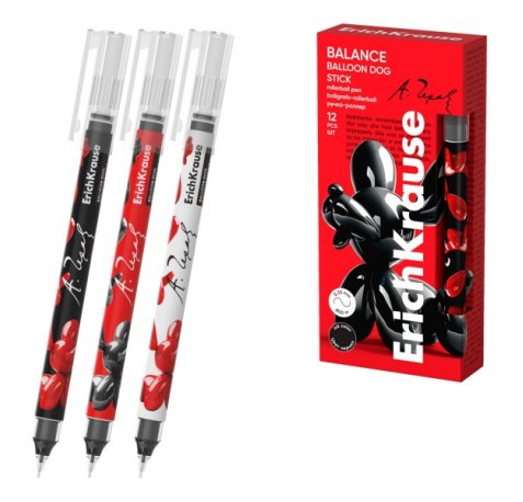 ErichKrause Balance Stick Balloon Dog Boligrafo con Capuchon - Modelos Surtidos - Trazo 0.35mm - Tinta Libre con Regulador de Alimentacion - Color Negro (12 uds)