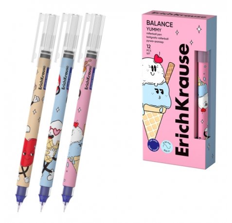 ErichKrause Balance Stick Yummy Boligrafo con Capuchon - Modelos Surtidos - Trazo 0.35mm - Tinta Libre con Regulador de Alimentacion - Color Azul (12 uds)