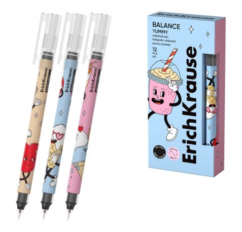 ErichKrause Balance Stick Yummy Boligrafo con Capuchon - Modelos Surtidos - Trazo 0.35mm - Tinta Libre con Regulador de Alimentacion - Color Negro (12 uds)