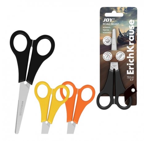 ErichKrause JOY Road Beast Tijeras de 13.5cm - Puntas Redondeadas - Regla de 5cm en la Hoja - Mangos de Plastico Resistente a Golpes - Acero Inoxidable - Ergonomicas - Colores Surtidos