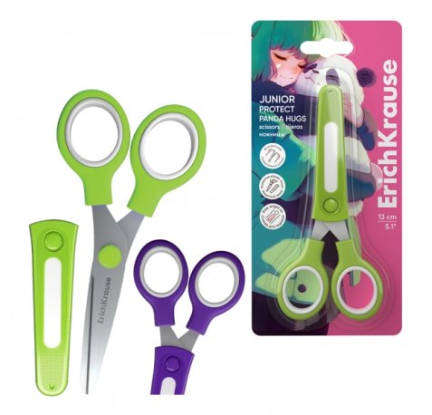 ErichKrause Junior Protect Panda Hugs Tijeras de 13cm - Puntas Redondeadas - Funda Protectora - Mangos de Plastico Resistente a Golpes - Acero Inoxidable - Colores Surtidos