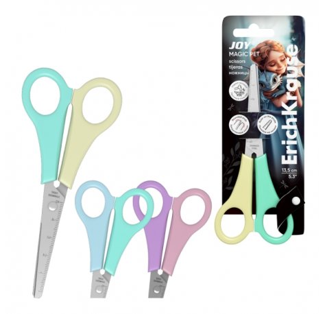 ErichKrause JOY Magic Pet Tijeras de 13.5cm - Puntas Redondeadas - Regla de 5cm en la Hoja - Mangos de Plastico Resistente a Golpes - Acero Inoxidable - Ergonomicas - Colores Surtidos