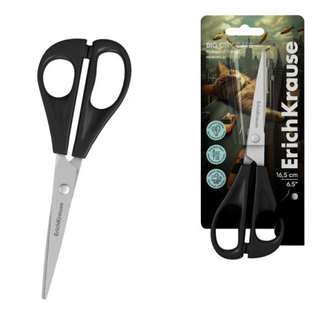ErichKrause Big City Cats Tijeras de 16.5cm - Mangos de Plastico Resistente a Golpes - Acero Inoxidable - Ergonomicas - Color Negro