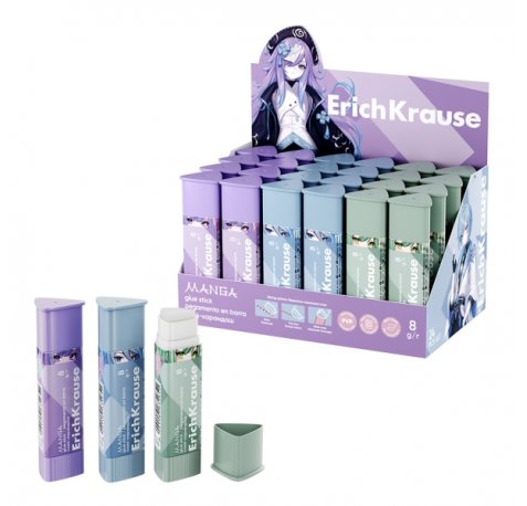 ErichKrause Prism Manga Expositor con 24 Pegamentos en Barra - 8g - Adhesion Fuerte - Multisuperficie - Color Blanco