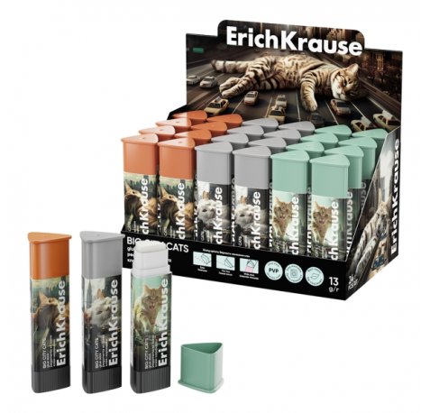 ErichKrause Prism Big City Cats Expositor con 24 Pegamentos en Barra - 13g - Adhesion Fuerte - Secado Rapido - Multisuperficie - Color Blanco