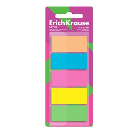 ErichKrause Neon Pack de 5 Blocs de 20 Marcadores de Pagina - Reposicionables - Plastico - 20x45mm - Colores Surtidos
