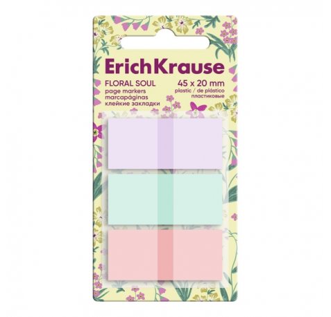 ErichKrause Floral Soul Pack de 3 Blocs de 20 Marcadores de Pagina - Reposicionables - Plastico - 20x45mm - Colores Surtidos