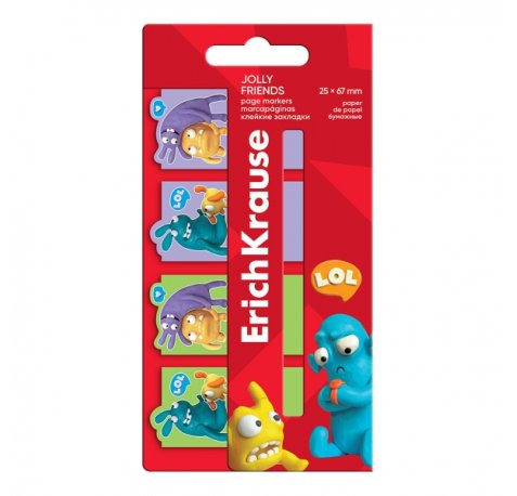 ErichKrause Jolly Friends Pack de 4 Blocs de 20 Marcadores de Pagina - Reposicionables - Papel de 75g/m2 - 25X67mm - Colores Surtidos