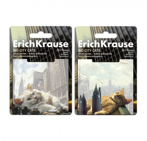 ErichKrause Big City Cats Bloc de 50 Notas Adhesivas Reposicionables - Papel de 75g/m2 - 75x75mm - Pegamento a Base de Agua - Colores Surtidos