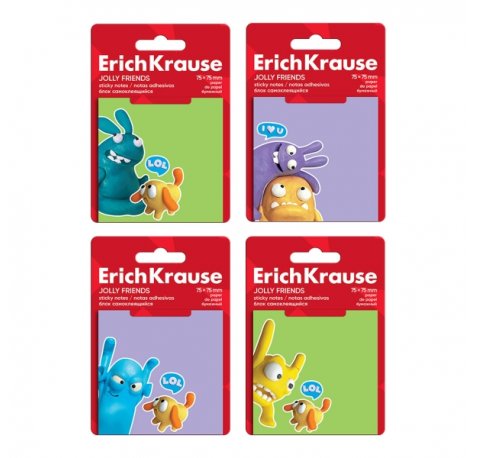ErichKrause Jolly Friends Bloc de 50 Notas Adhesivas Reposicionables - Papel de 75g/m2 - 75x75mm - Pegamento a Base de Agua - Colores Surtidos