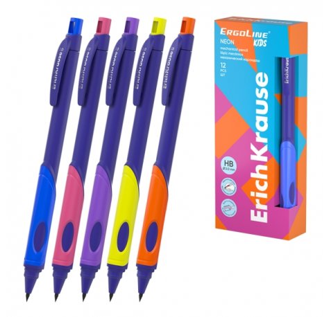ErichKrause ErgoLine Kids Neon Portaminas - Mina HB de 2.0mm - Sacapuntas Integrado - Ergonomico - Colores Surtidos (12 uds)