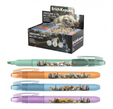 ErichKrause Visioline V-15 Big City Cats Expositor de 12 Marcadores Fluorescentes - Punta Biselada - Trazo de 0.6 a 3.5mm - Colores Surtidos