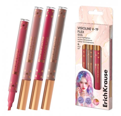 ErichKrause Visioline V-19 Flex Idol Pack de 4 Marcadores Fluorescentes - Punta Biselada - Trazo de 0.6 a 3.5mm - Colores Surtidos