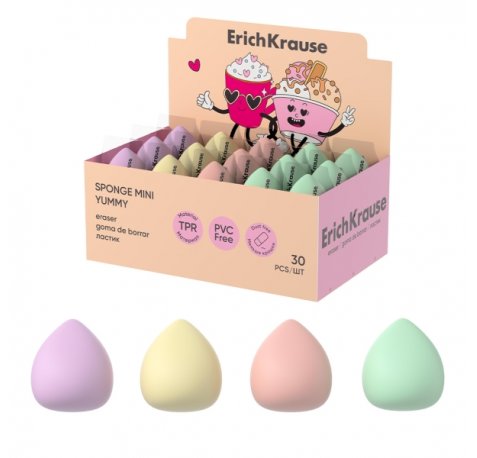 ErichKrause Sponge Mini Yummy Expositor con 30 Gomas de Borrar - Caucho Termoplastico - No Deja Residuos - No Rasga el Papel - Libre de PVC - Colores Surtidos