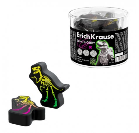 ErichKrause Dino Hobby Goma de Borrar - PVC Ecologico - No Deja Residuos - No Rasga el Papel - Colores Surtidos (12 uds)