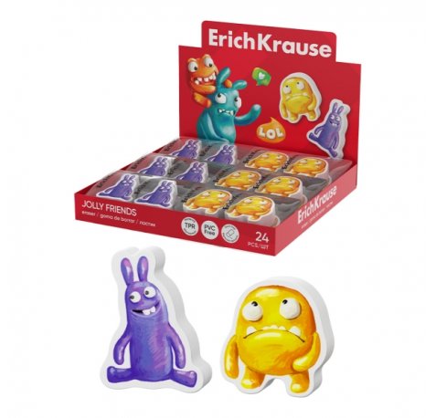ErichKrause Jolly Friends Expositor con 24 Gomas de Borrar - Caucho Termoplastico - No Deja Residuos - Libre de PVC - Color Varios