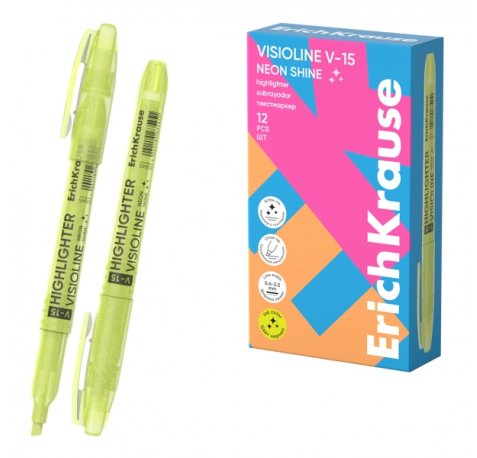 ErichKrause Visioline V-15 Neon Shine Marcador Fluorescente - Punta Biselada - Trazo de 0.6 a 3.5mm - Color Amarillo (12 uds)