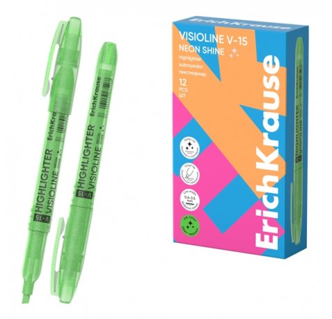 ErichKrause Visioline V-15 Neon Shine Marcador Fluorescente - Punta Biselada - Trazo de 0.6 a 3.5mm - Color Verde (12 uds)