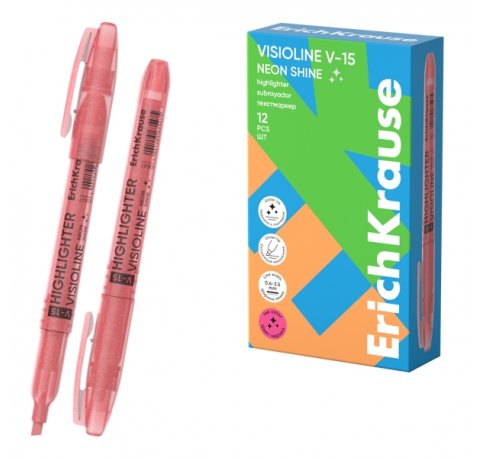 ErichKrause Visioline V-15 Neon Shine Marcador Fluorescente - Punta Biselada - Trazo de 0.6 a 3.5mm - Color Rosa (12 uds)