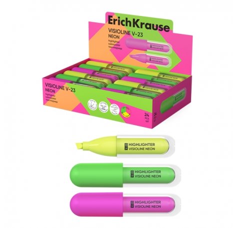 ErichKrause Visioline V-23 Neon Expositor con 24 Marcadores Fluorescentes - Punta Biselada - Trazo de 0.6 a 4.5mm - Colores Surtidos