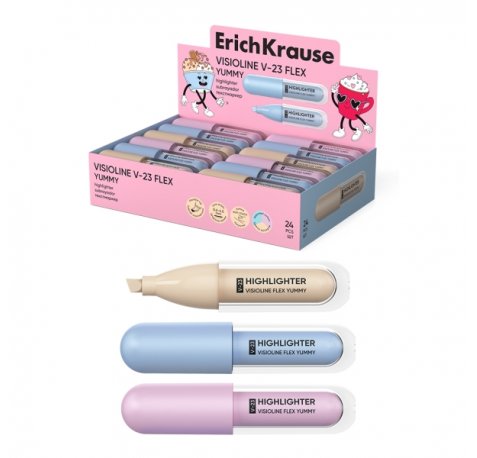 ErichKrause Visioline V-23 Flex Yummy Expositor con 24 Marcadores Fluorescentes - Punta Biselada - Trazo de 0.6 a 4.5mm - Colores Pastel Surtidos