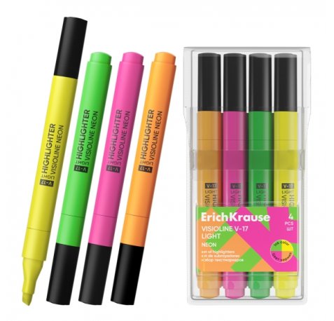 ErichKrause Visioline V-17 light Neon Pack de 4 Marcadores Fluorescentes - Punta Biselada - Trazo de 0.6 a 3.0mm - Colores Surtidos