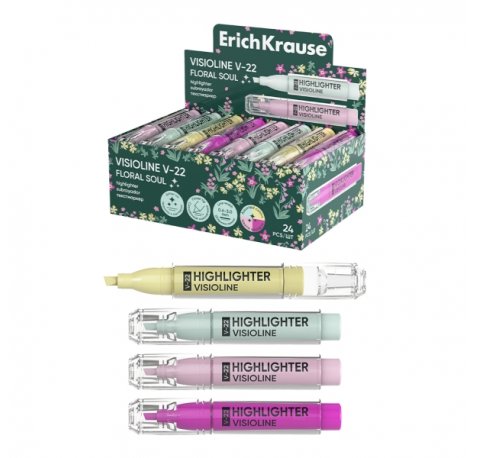 ErichKrause Visioline V-22 Floral Soul Expositor con 24 Marcadores Fluorescentes - Punta Biselada - Trazo de 0.6 a 3.0mm - Colores Surtidos