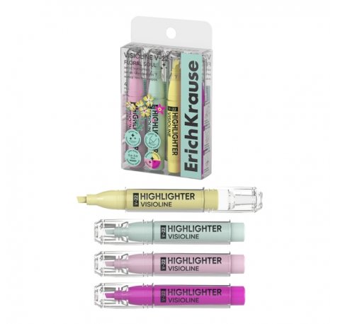 ErichKrause Visioline V-22 Floral Soul Pack de 4 Marcadores Fluorescentes - Punta Biselada - Trazo de 0.6 a 3.0mm - Colores Surtidos