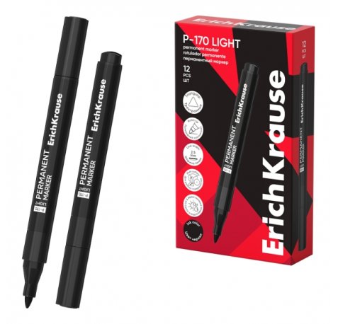 ErichKrause P-170 light Rotulador Permanente - Punta Conica - Trazo de 2.5mm - Resistente al Agua y a la Luz - Multisuperficie - Cuerpo Triangular - Secado Rapido - Color Negro (12 uds)