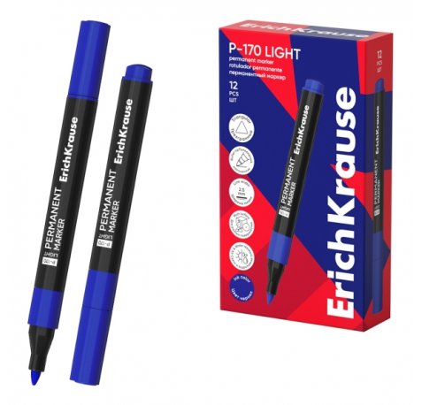 ErichKrause P-170 light Rotulador Permanente - Punta Conica - Trazo de 2.5mm - Resistente al Agua y a la Luz - Multisuperficie - Cuerpo Triangular - Secado Rapido - Color Azul (12 uds)