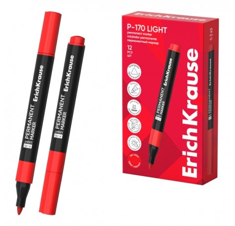 ErichKrause P-170 light Rotulador Permanente - Punta Conica - Trazo de 2.5mm - Resistente al Agua y a la Luz - Multisuperficie - Cuerpo Triangular - Secado Rapido - Color Rojo (12 uds)