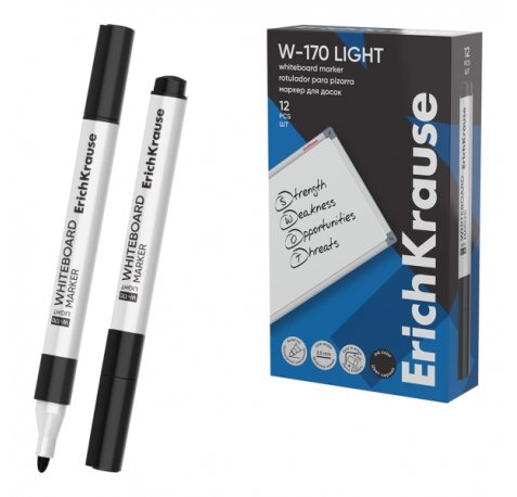 ErichKrause W-170 light Rotulador para Pizarra Blanca - Facil de Borrar - Punta Conica - Trazo de 2.5mm - Secado Rapido - Cuerpo Triangular - Color Negro (12 uds)