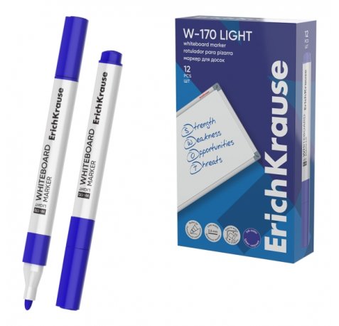 ErichKrause W-170 light Rotulador para Pizarra Blanca - Facil de Borrar - Punta Conica - Trazo de 2.5mm - Secado Rapido - Cuerpo Triangular - Color Azul (12 uds)