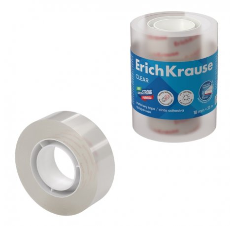 ErichKrause Clear Pack de 4 Cintas Adhesivas - Alta Adhesion - 18mm de Ancho - 33 Metros - Resistente a la Luz - Color Transparente