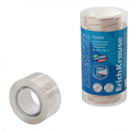 ErichKrause Clear Pack de 4 Cintas Adhesivas - Alta Adhesion - 24mm de Ancho - 20 Metros - Resistente a la Luz - Color Transparente